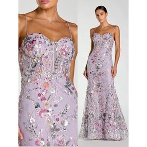 NEW Mac Duggal Purple Spaghetti Strap Floral Embroidered Trumpet Gown - Size 4